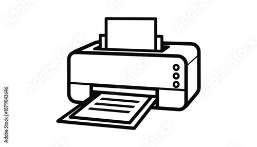 A black and white line drawing of a printer with paper emerging