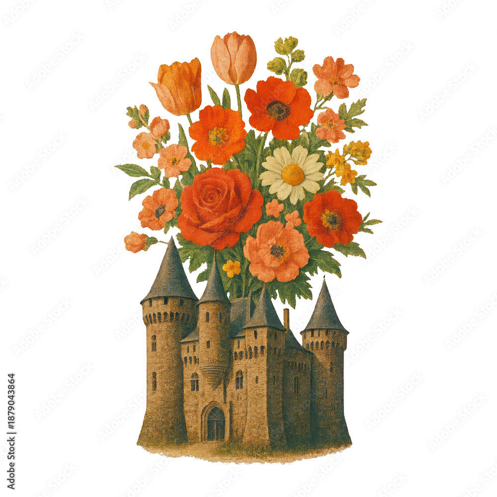 Fototapeta premium PNG Castle blooms with vibrant flowers.