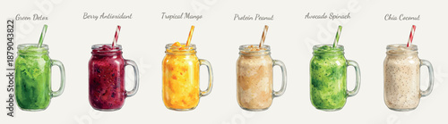 Watercolor vector smoothie set with healthy drinks in glass jars, isolated on light background