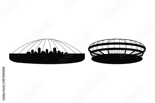 Sports stadium and arena silhouettes with city skyline