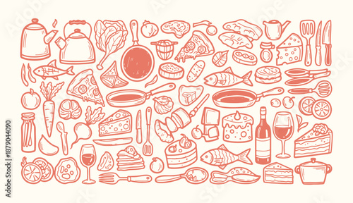 Hand drawn food and kitchen doodle collection with ingredients, cookware, desserts and utensils in simple brush vector style