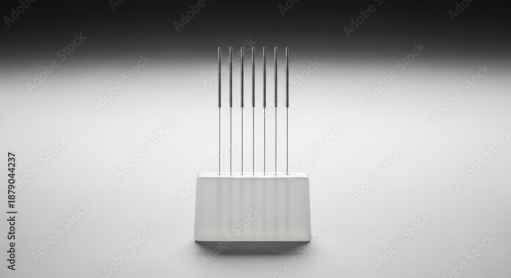Obraz premium Acupuncture Needles Standing in a Minimalist White Block Display for Traditional Chinese Medicine (TCM) and Holistic Pain Relief Concepts.