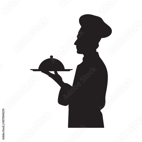 Silhouette of a chef presenting a dish on a silver platter