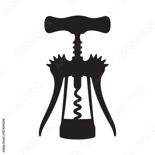 A simple black silhouette of a classic winged corkscrew opener
