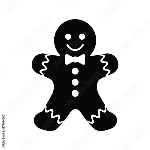 A black and white illustration of a smiling gingerbread man with icing details and a bow tie on a plain white background