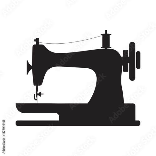 A simple black silhouette illustration depicting a vintage sewing machine