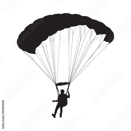 Silhouette of a parachutist descending with a fully deployed canopy