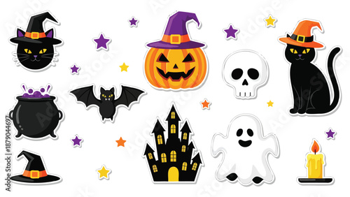Halloween stickers with cats ghosts and pumpkins