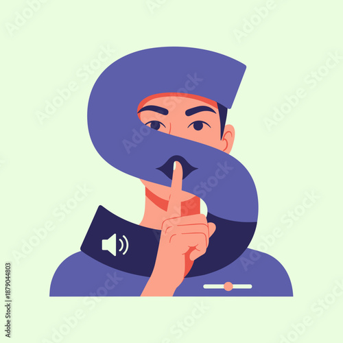 Man with 'S' symbol and shushing gesture, concept of silence and secrets