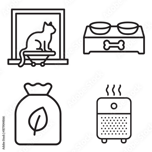 Four simple line icons representing pet care items: cat on shelf, food bowls, bag of litter, and air purifier.