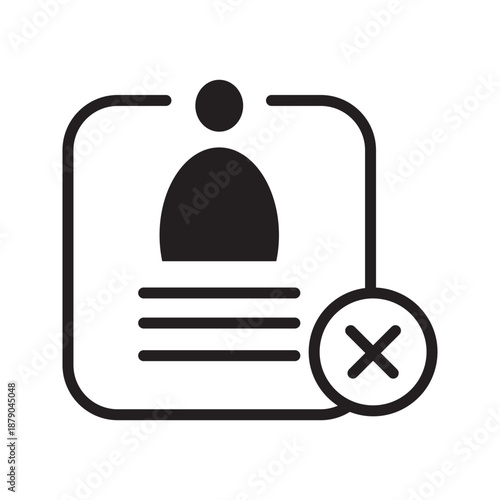 Outline vector icon of a user profile with a delete or remove symbol, representing account deletion, user removal, profile cancellation, or access termination. Suitable for UI, UX, web, and app interf
