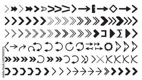 A diverse assortment of black arrow symbols for design and navigation, including dotted, solid, and rotational variations