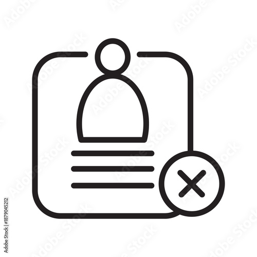 Outline vector icon of a user profile with a delete or remove symbol, representing account deletion, user removal, profile cancellation, or access termination. Suitable for UI, UX, web, and app interf
