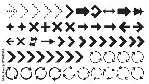 A diverse and comprehensive collection of black arrow symbols and user interface icons for web, app design, and navigation indicators