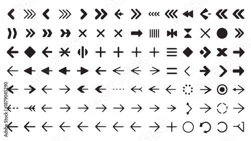 A diverse collection of black arrow symbols and pointers in various styles, from simple to complex designs