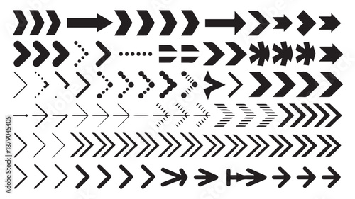 Diverse collection of black arrow symbols representing direction, progress, and movement in various designs