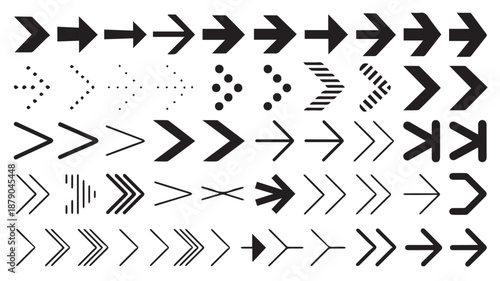 A collection of black arrow symbols arranged in various styles and directions on a plain background