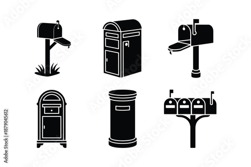 Various mailbox and post box silhouette icons set