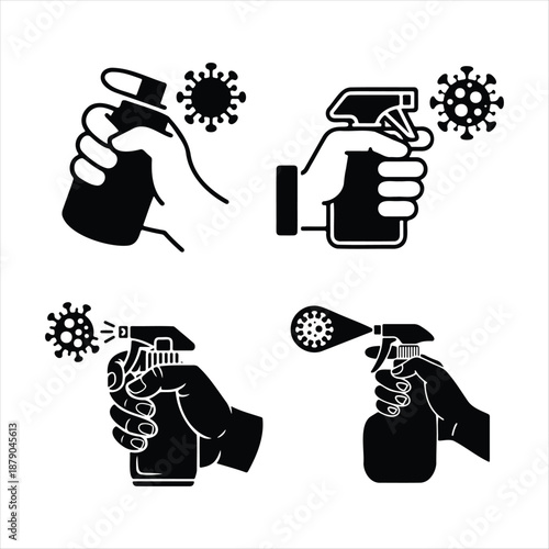 Disinfection spray icons for virus protection and hygiene