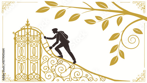 A silhouette of a person climbing a ladder over an ornate golden gate, a conceptual illustration, vector