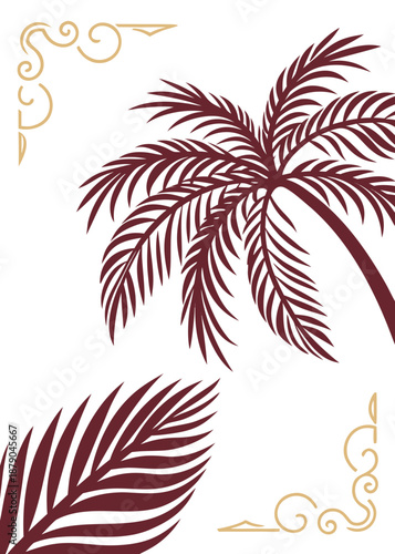 Stylized palm tree and leaf with decorative corners, vector