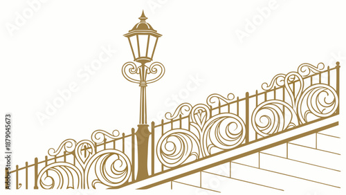 Ornate street lamp and decorative railing on a staircase, vector