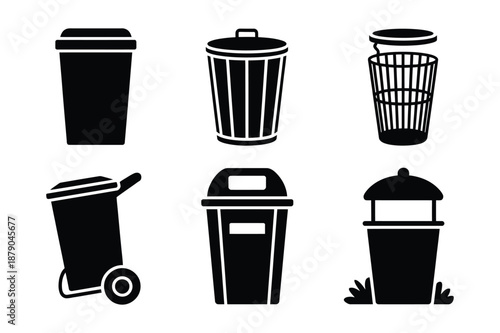 Waste management and trash can silhouette icons set