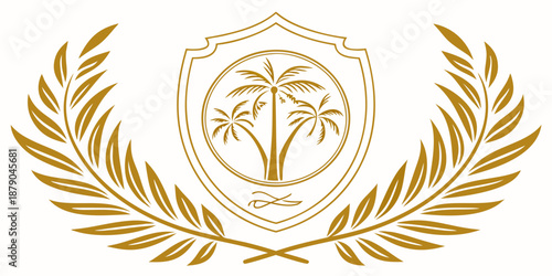 Elegant golden emblem with palm trees and laurel wreath, vector