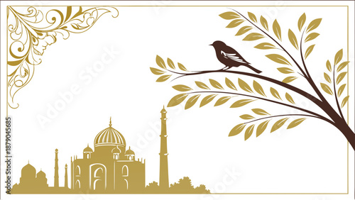 An elegant vector design showcasing a bird, tree, and mosque silhouette, vector