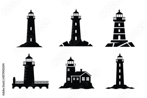Nautical lighthouse silhouettes set for maritime design