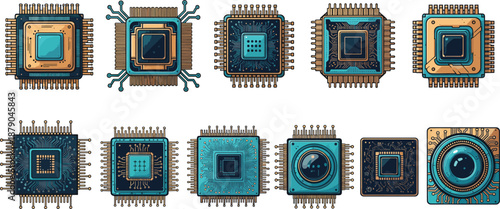Advanced Microchip Processor Icons Set with Futuristic Circuit Board Technology Vector
