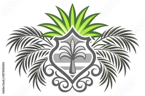 A stylized tropical emblem with a palm tree and leaves, vector