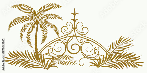 Golden tropical palm tree and ornate arch vector illustration, vector