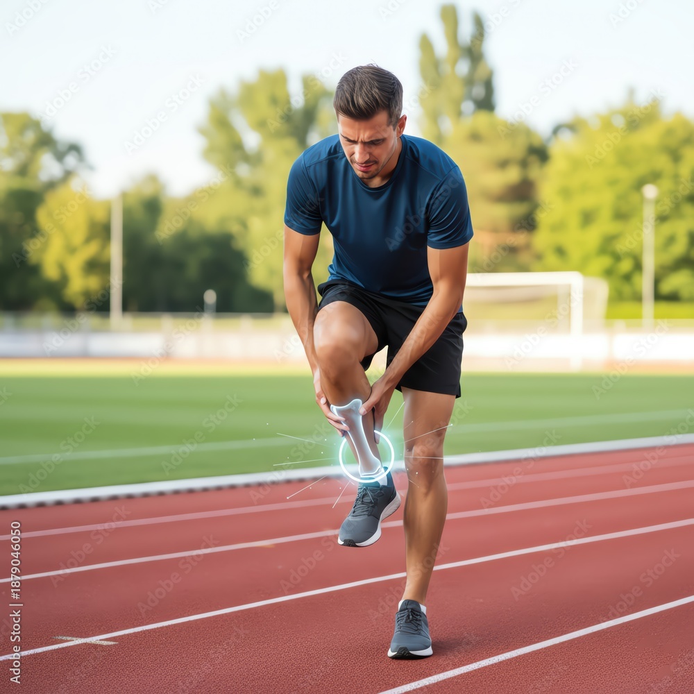 Obraz premium Athlete struggling with a knee injury on a running track.