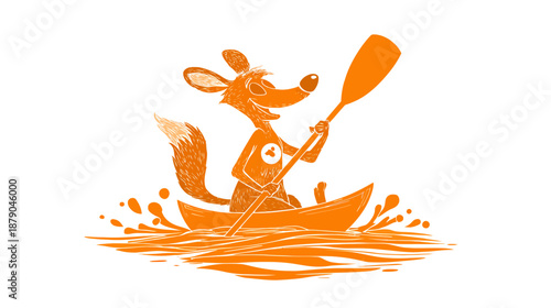 Cheerful orange cartoon fox character kayaking with a paddle in water splashes, fun animal mascot illustration