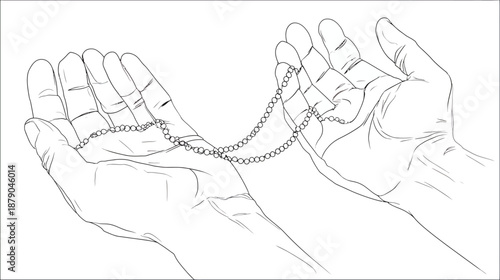 Vector line art illustration of hands holding prayer beads, representing spirituality, devotion, faith, hope, and meditation.