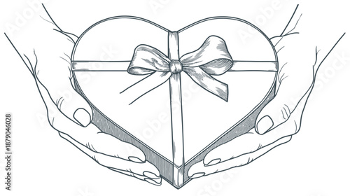 Hand-drawn sketch of hands holding a heart-shaped gift box tied with a decorative bow, representing love, generosity, and special occasions.