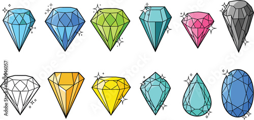 Colorful Diamond Gemstone Icons Set with Sparkling Crystal Jewelry Shapes Vector