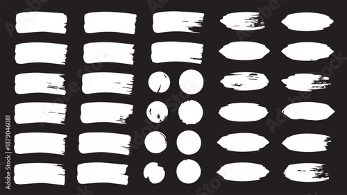 Collection of White Brush Strokes and Shapes on Black Background, Artistic Elements for Design