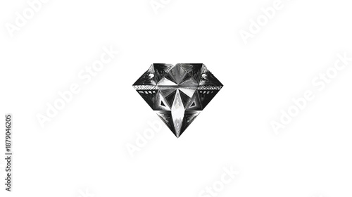 Stylized Diamond Gemstone Graphic Illustration. Sparkling Black and White Crystal Jewel with Facets on a Clean White Background.
