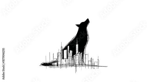Stylized howling wolf silhouette with urban cityscape integrated, black and white sketch art concept, nature and modern life blend.