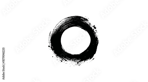Abstract Hand-Painted Black Circle Brushstroke on White Background, Grunge Ink Texture, Minimalist Zen Enso Symbol Design Element