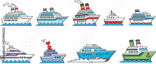 Cruise Ship and Boat Icons Set with Cartoon Ocean Travel Vessels Vector