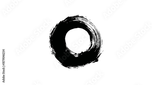 Abstract black ensō circle with hand-painted brushstrokes on white, minimalist grunge texture, artistic design element