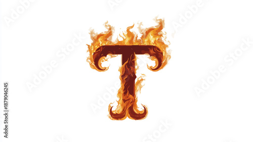 Fiery letter T on white background. Alphabet character T engulfed in burning flames, isolated graphic design element.