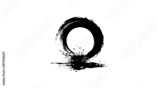 Hand-drawn Zen Enso circle with artistic brush stroke texture and ink splatter effect, spiritual minimalism