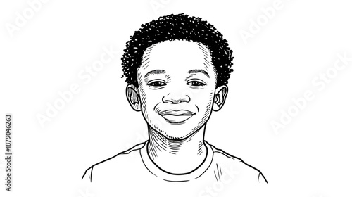 Detailed black and white illustration of a smiling young boy with short curly hair, a happy child's face, vector art portrait.
