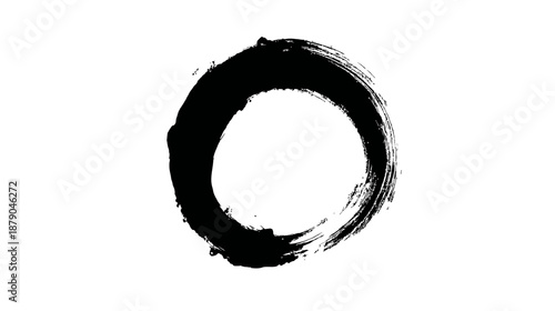 Abstract Enso brushstroke circle, black ink on white background in traditional sumi-e style, representing Zen and minimalism.