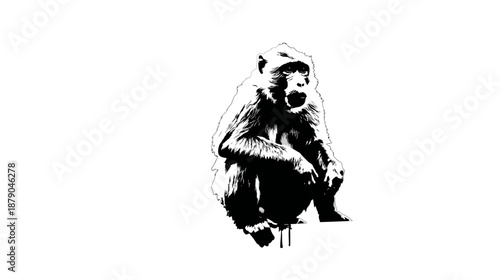 Striking Black and White Graphic Illustration of a Sitting Monkey, Primate Animal, Isolated on a Clean White Background