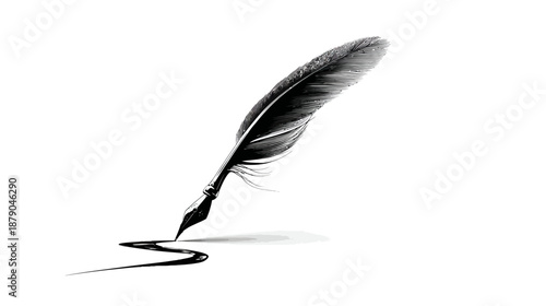 Classic quill pen with black ink trail on a white background, symbolizing writing, literature, education, communication, and creativity.